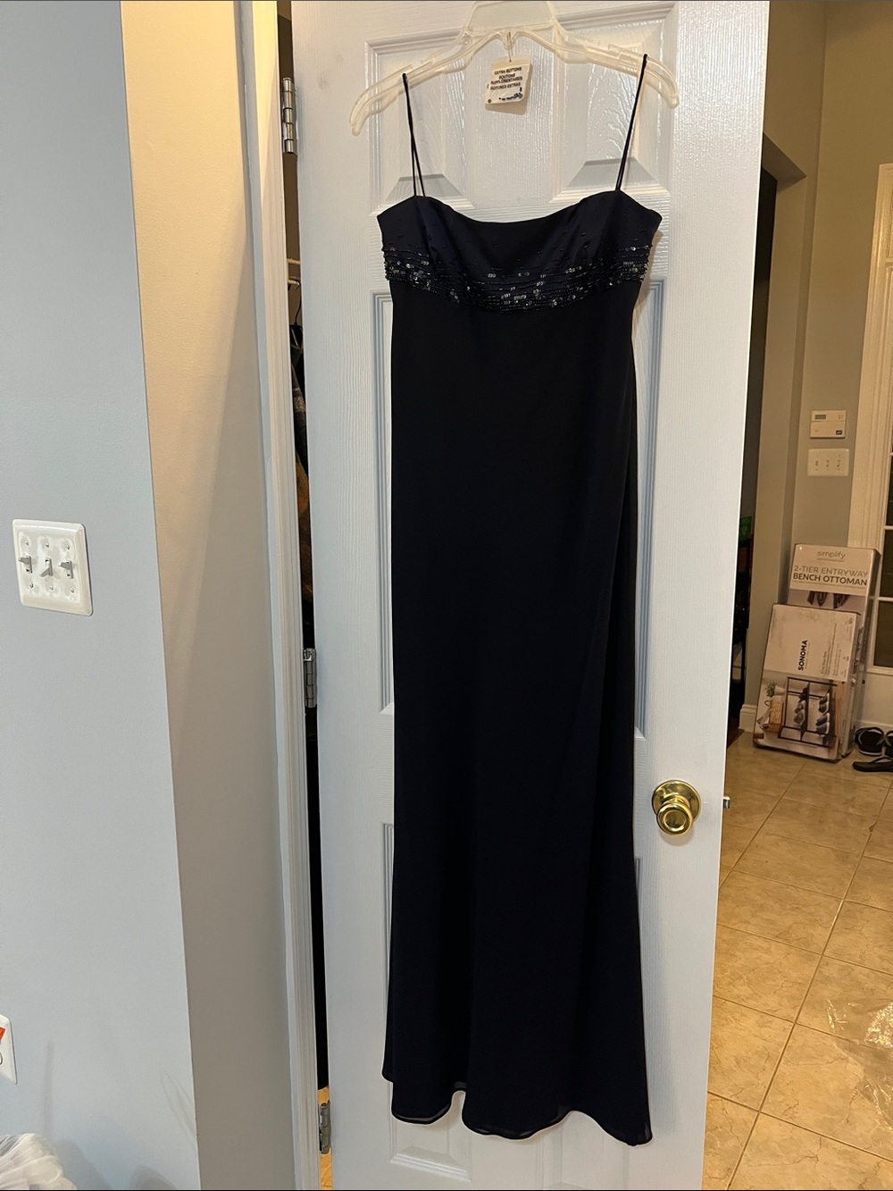 Elegant Navy Spaghetti-Strap Evening Dress with Sequin Detail